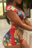 Blue Sexy Print Patchwork Short Sleeve Two Pieces