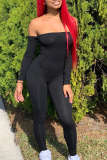 Black Sexy Solid Split Joint Off the Shoulder Skinny Jumpsuits