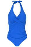 Peacock Blue Sexy Solid Split Joint Backless Swimwears