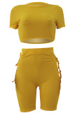 Yellow Fashion Casual Solid Bandage Hollowed Out O Neck Short Sleeve Two Pieces