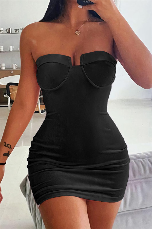 Black Fashion Sexy Solid Backless Strapless Sleeveless Dress