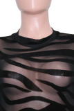 Black Fashion Sexy Patchwork See-through O Neck Skinny Jumpsuits