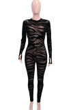 Black Fashion Sexy Patchwork See-through O Neck Skinny Jumpsuits