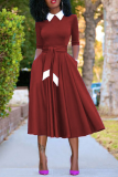 Wine Red Vintage Solid Bandage Turndown Collar Pleated Dresses