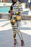 Multicolor Fashion Casual Print Cardigan Pants Turndown Collar Long Sleeve Two Pieces