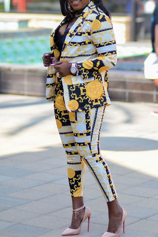 Multicolor Fashion Casual Print Cardigan Pants Turndown Collar Long Sleeve Two Pieces