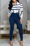 Blue Fashion Casual Print Basic Turndown Collar Long Sleeve Two Pieces