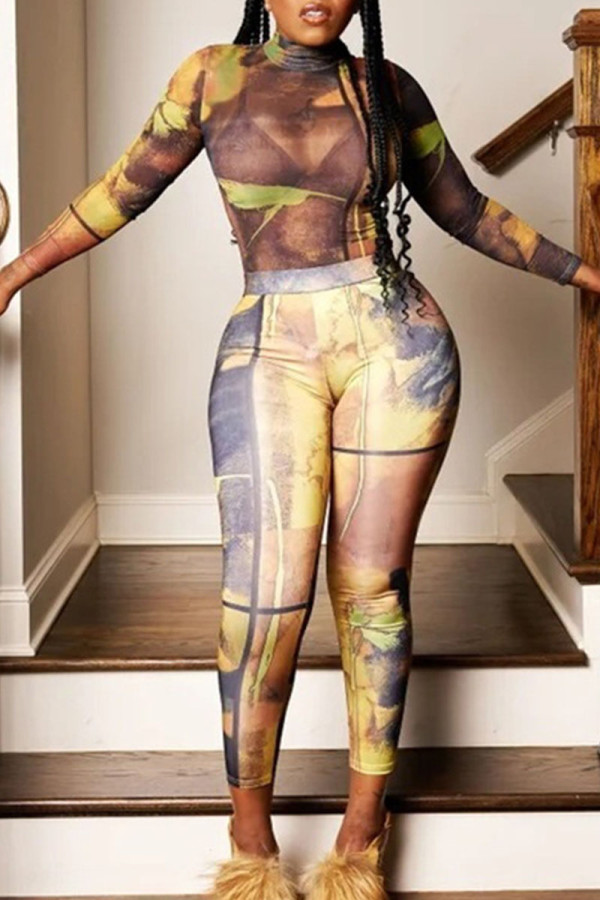 Colour Sexy Print Patchwork See-through Half A Turtleneck Long Sleeve Two Pieces