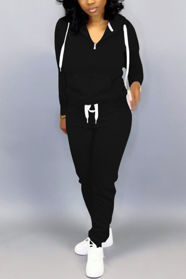 Black Casual Solid Two Piece Suits pencil Long Sleeve Two-piece Pants Set