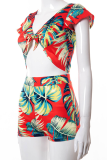 Blue Sexy Print Patchwork Short Sleeve Two Pieces