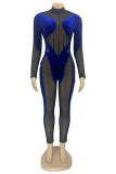 Blue Fashion Sexy Patchwork Sequins See-through Half A Turtleneck Skinny Jumpsuits