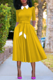 Yellow Vintage Solid Bandage Turndown Collar Pleated Dresses