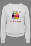White Fashion Sexy Print Lips Printed Patchwork O Neck Tops
