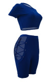 Blue Fashion Casual Solid Bandage Hollowed Out O Neck Short Sleeve Two Pieces