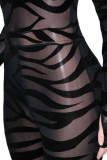 Black Fashion Sexy Patchwork See-through O Neck Skinny Jumpsuits