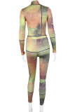 Colour Sexy Print Patchwork See-through Half A Turtleneck Long Sleeve Two Pieces