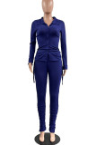 Blue Casual Solid Patchwork Buckle Turndown Collar Plus Size Two Pieces