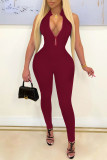 Burgundy Casual Solid Split Joint Hot Drill O Neck Regular Jumpsuits