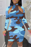 Sky Blue Fashion Sexy Camouflage Print Hollowed Out Turtleneck Long Sleeve Dresses