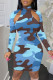 Sky Blue Fashion Sexy Camouflage Print Hollowed Out Turtleneck Long Sleeve Dresses