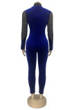 Blue Fashion Sexy Patchwork Sequins See-through Half A Turtleneck Skinny Jumpsuits