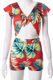 Blue Sexy Print Patchwork Short Sleeve Two Pieces