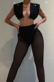 Black Sexy Solid Split Joint Pocket See-through Sleeveless Two Pieces