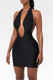 Black Fashion Sexy Solid Backless Halter Sleeveless Dress