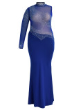 Blue Sexy Plus Size Hot Drilling Split Joint See-through Turtleneck Evening Dress