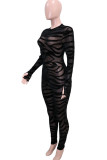 Black Fashion Sexy Patchwork See-through O Neck Skinny Jumpsuits