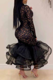 Black Sexy Solid Split Joint See-through O Neck Lace Dress Dresses