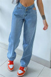 Blue Fashion Casual Solid Hollowed Out High Waist Regular Denim Jeans