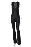 Black Fashion Sexy Solid Basic V Neck Skinny Jumpsuits