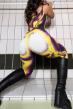 Multicolor Sexy Print Hollowed Out V Neck Skinny Jumpsuits
