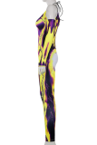 Multicolor Sexy Print Hollowed Out V Neck Skinny Jumpsuits