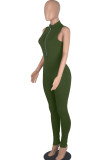 Army Green Casual Solid Split Joint Hot Drill O Neck Regular Jumpsuits