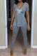 Grey Casual Print Patchwork Slit U Neck Short Sleeve Two Pieces