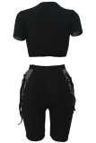Black Fashion Casual Solid Bandage Hollowed Out O Neck Short Sleeve Two Pieces