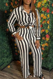Black White Casual Striped Print Split Joint Buckle Turndown Collar Long Sleeve Two Pieces