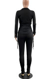 Black Casual Solid Patchwork Buckle Turndown Collar Plus Size Two Pieces