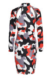 Red Fashion Sexy Camouflage Print Hollowed Out Turtleneck Long Sleeve Dresses
