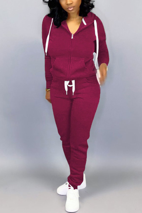 Wine Red Casual Solid Two Piece Suits pencil Long Sleeve Two-piece Pants Set