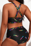 Black Fashion Sexy Letter Print Split Joint Backless U Neck Plus Size Swimwear