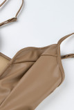 Khaki Fashion Sexy Solid Backless V Neck Sling Dress