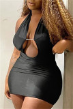 Black Fashion Sexy Solid Backless Halter Sleeveless Dress