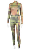 Colour Sexy Print Patchwork See-through Half A Turtleneck Long Sleeve Two Pieces