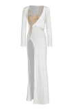 White Fashion Sexy Patchwork Hot Drilling See-through Long Sleeve Two Pieces