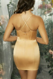 Khaki Fashion Sexy Solid Backless Spaghetti Strap Sleeveless Dress