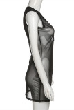 Black Fashion Sexy Solid See-through V Neck Sleeveless Dress