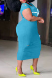 Light Blue Casual Print Ripped Split Joint O Neck Straight Plus Size Dresses